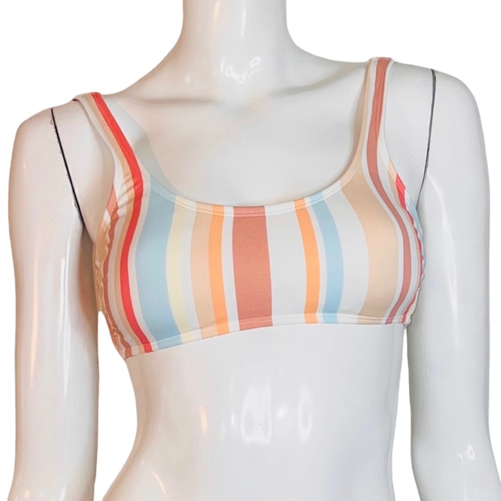 🤑 5/$25 Xhilaration Striped White Tan Blue Bikini Swimsuit Top